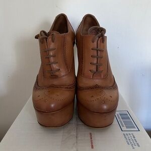 Tan/Brown Gucci Laceup Brogue Wedge Bootie 35.5